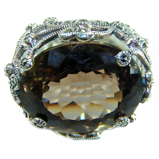 Rare Finding! Natural 18.4 carat Smoky Quartz Marcasite .925 Sterling Silver handmade Large Statement Ring size 7 - photo 4