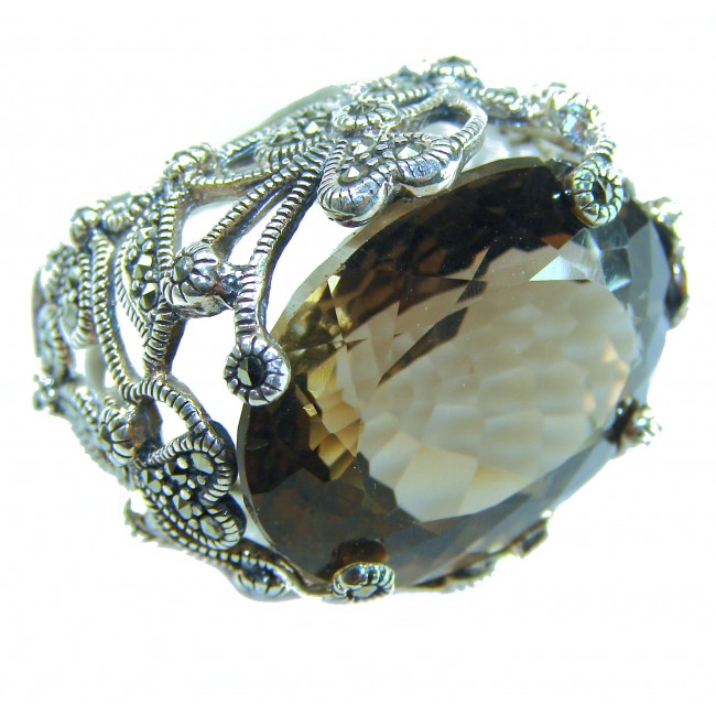 Rare Finding! Natural 18.4 carat Smoky Quartz Marcasite .925 Sterling Silver handmade Large Statement Ring size 7 - photo 3