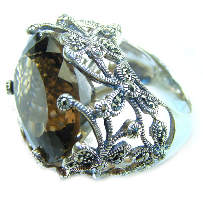 Rare Finding! Natural 18.4 carat Smoky Quartz Marcasite .925 Sterling Silver handmade Large Statement Ring size 7 - photo 2