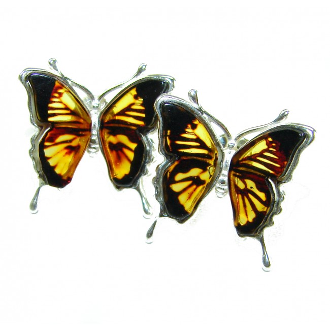 Butterflies carved Baltic Polish Amber .925 Sterling Silver earrings