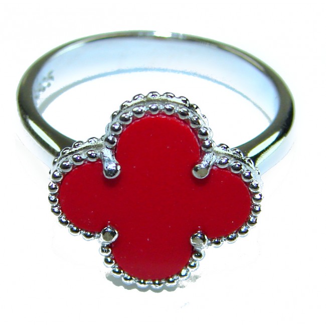 A four-leaf clover Coral .925 Sterling Silver handcrafted ring s. 8