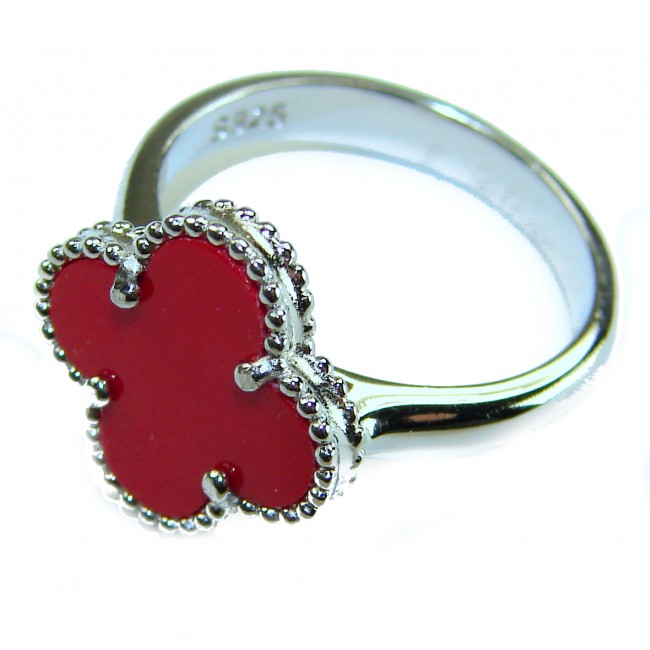 A four-leaf clover Coral .925 Sterling Silver handcrafted ring s. 8