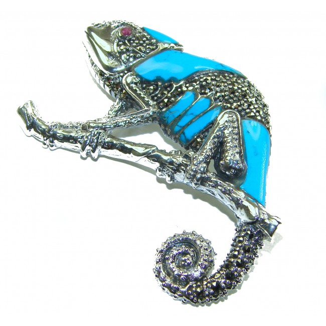 Spectacular Big Chameleon Lizard inlay Turquoise .925 Sterling Silver handmade Brooch