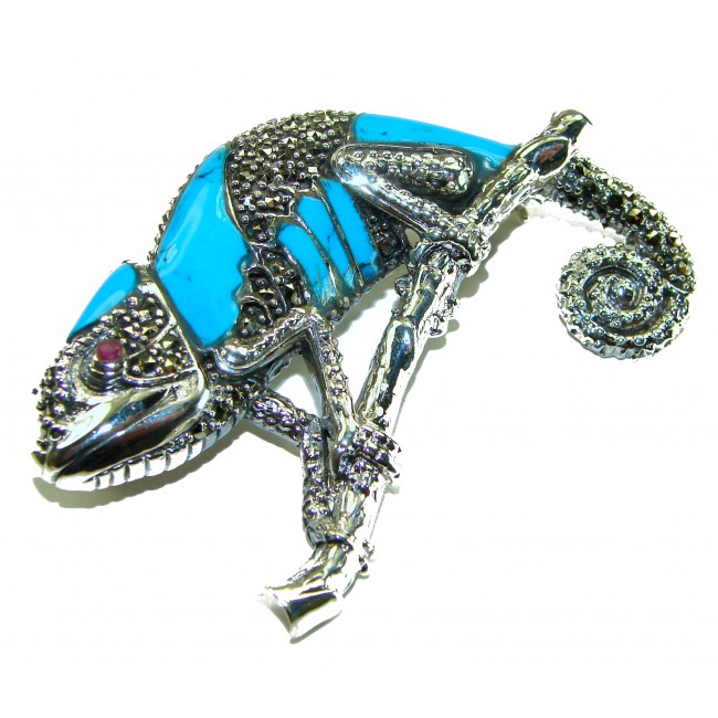 Spectacular Big Chameleon Lizard inlay Turquoise .925 Sterling Silver handmade Brooch