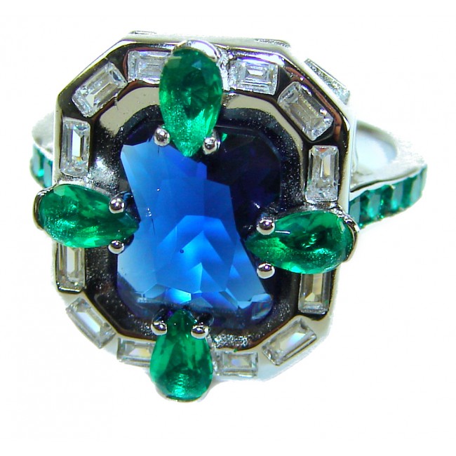 Art Deco 8.6 ctw Sapphire Emerald .925 Sterling Silver handcrafted Statement Ring size 8 - Close-up of Art Deco ring with sapphire and emerald stones.