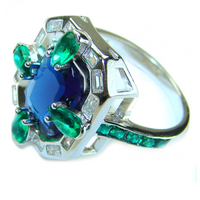 Art Deco 8.6 ctw Sapphire Emerald .925 Sterling Silver handcrafted Statement Ring size 8 - Close-up of Art Deco sapphire and emerald sterling silver ring.