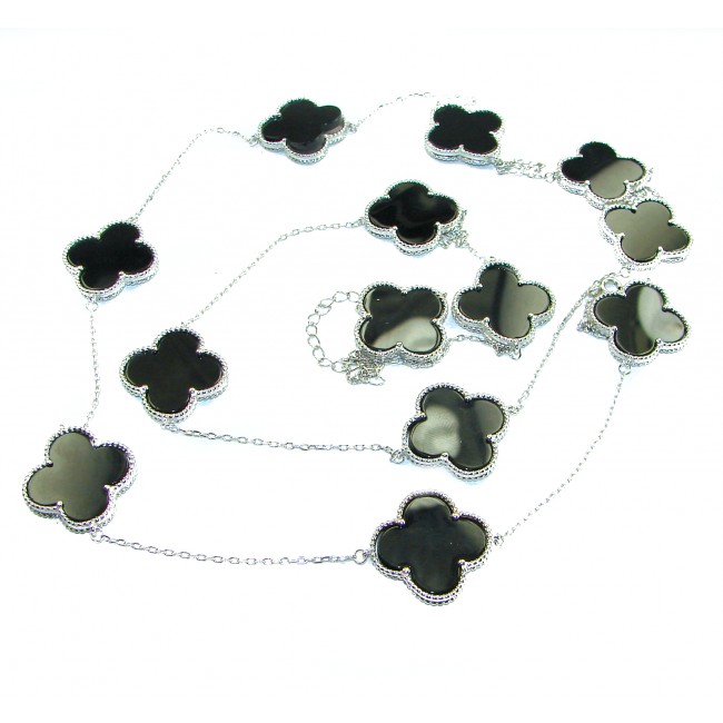 38 inches Outstanding authentic inlay ONYX Lucky Four Leaf Clover .925 Sterling Silver necklace