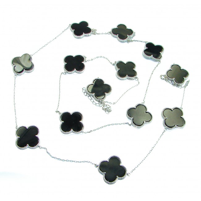38 inches Outstanding authentic inlay ONYX Lucky Four Leaf Clover .925 Sterling Silver necklace