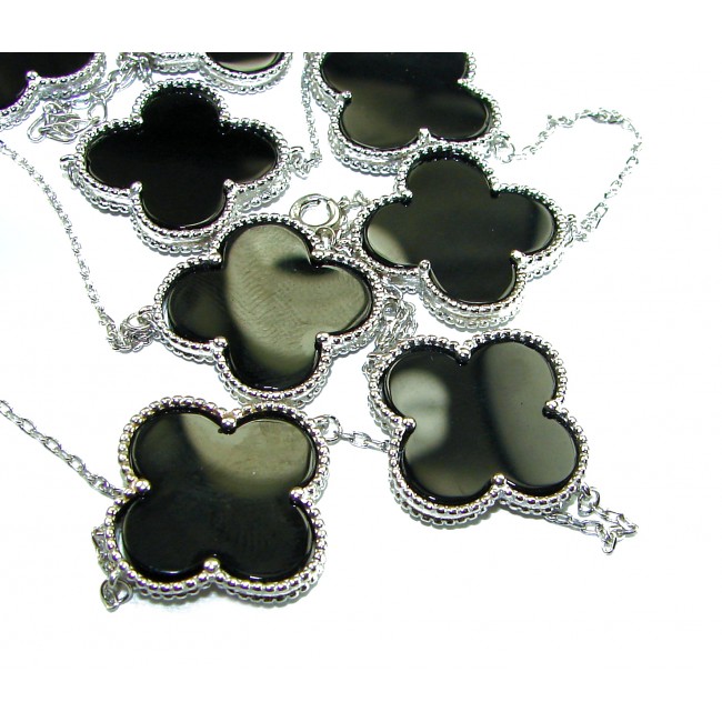 38 inches Outstanding authentic inlay ONYX Lucky Four Leaf Clover .925 Sterling Silver necklace