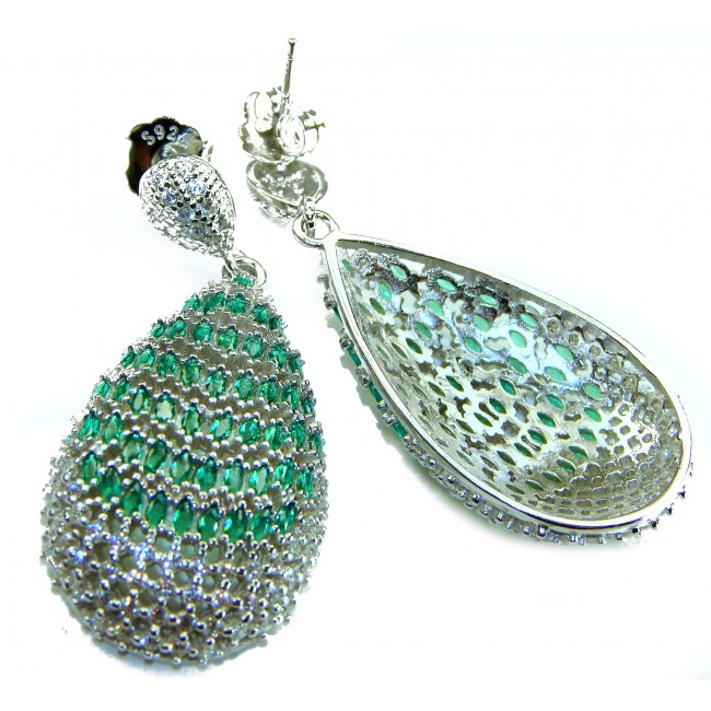 Magnificent Jewel - 17.5 carat natural EMERALD RHODIUM over .925 Sterling Silver handcrafted incredible earrings - Teardrop emerald earrings, top view, highlighting intricate details