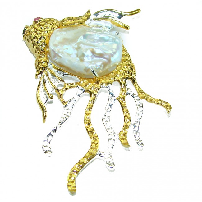 Golden Fish with a long veil Natural Blister Pearl 14K Gold over .925 Sterling Silver handmade pendant