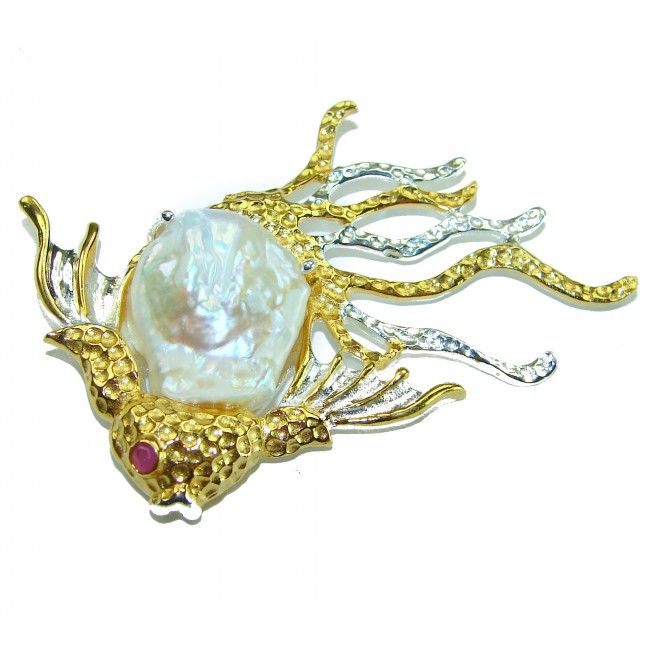 Golden Fish with a long veil Natural Blister Pearl 14K Gold over .925 Sterling Silver handmade pendant