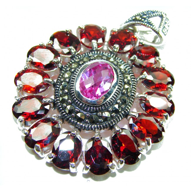 Posh Rose - 21.5 CARAT Pink Sapphire Garnet .925 Sterling Silver handmade Pendant - Close-up of Posh Rose pendant with pink sapphire, garnet, and sterling silver.