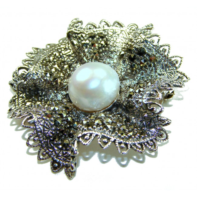Genuine white Pearl Marcasite .925 Sterling Silver handcrafted Brooch