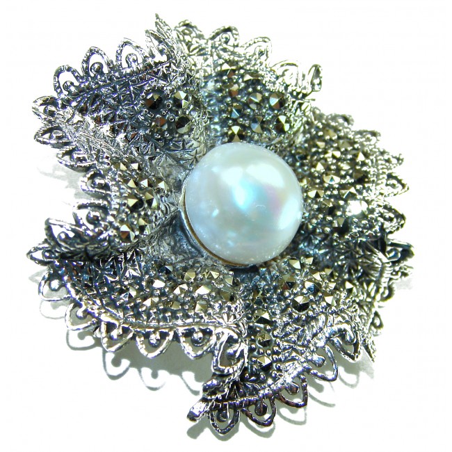 Genuine white Pearl Marcasite .925 Sterling Silver handcrafted Brooch