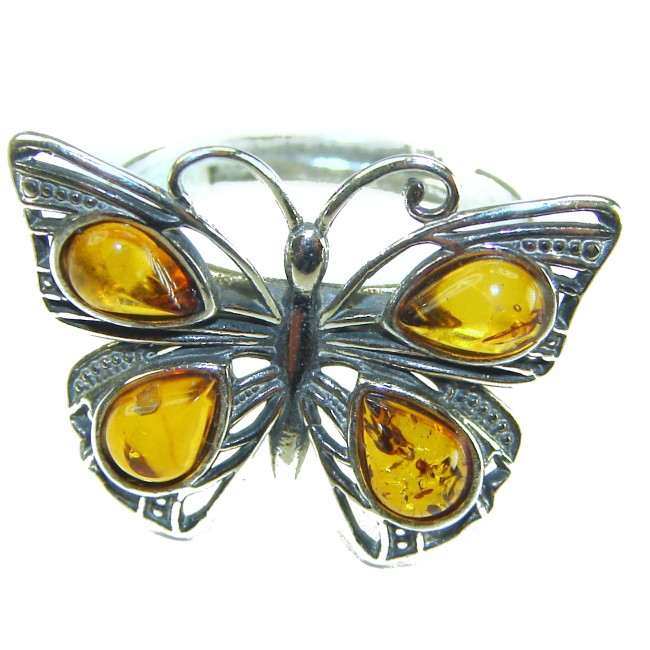 Butterfly Authentic Baltic Amber .925 Sterling Silver handcrafted ring; s. 8 adjustable - photo 2