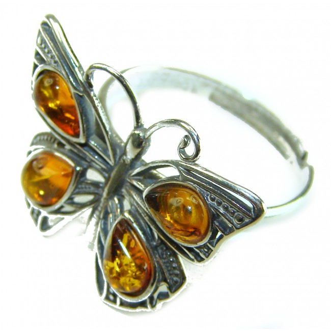 Butterfly Authentic Baltic Amber .925 Sterling Silver handcrafted ring; s. 8 adjustable - photo 1