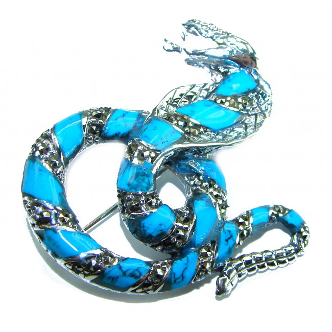 Cobra Snake inlay Turquoise .925 Sterling Silver handcrafted Brooch
