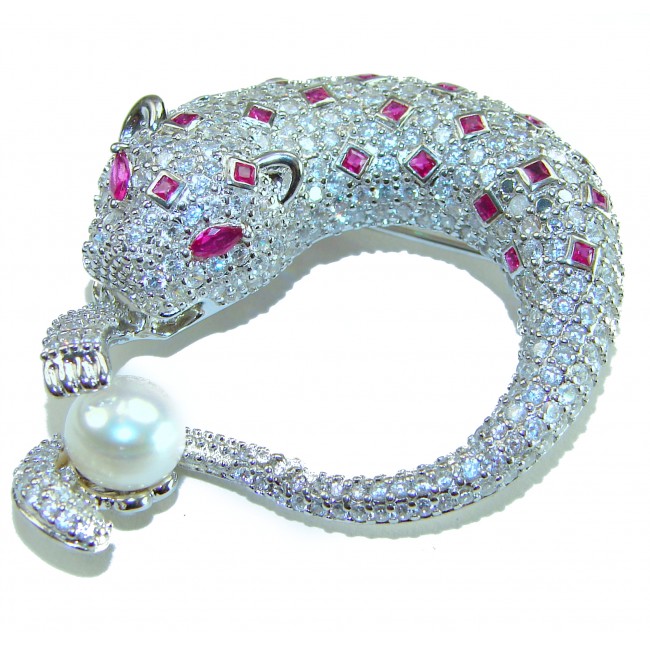 Precious Wild Cheetah 29.8 carat Ruby real Pearl .925 Sterling Silver handmade Pendant Brooch
