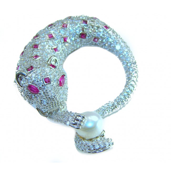 Precious Wild Cheetah 29.8 carat Ruby real Pearl .925 Sterling Silver handmade Pendant Brooch