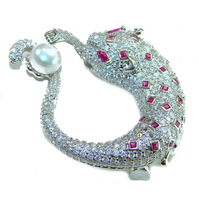 Precious Wild Cheetah 29.8 carat Ruby real Pearl .925 Sterling Silver handmade Pendant Brooch