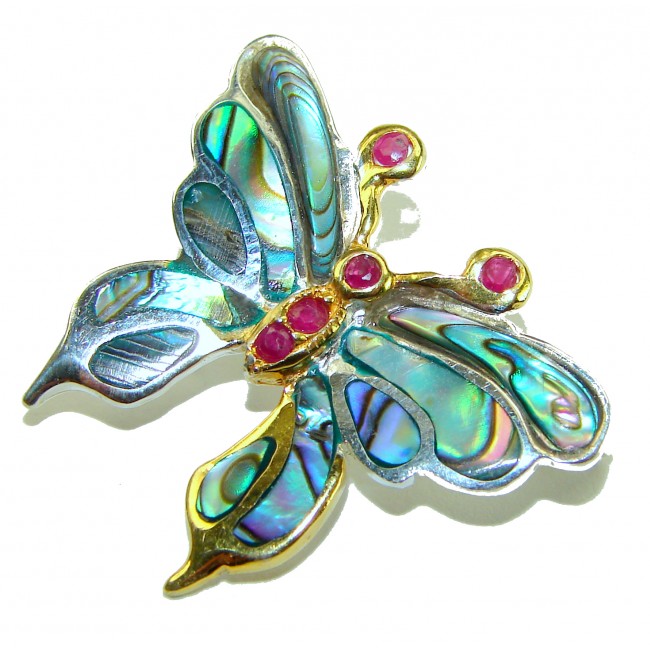 BUTTERFLY Natural Rainbow Abalone 10k GOLD OVER .925 Sterling Silver handmade Pendant