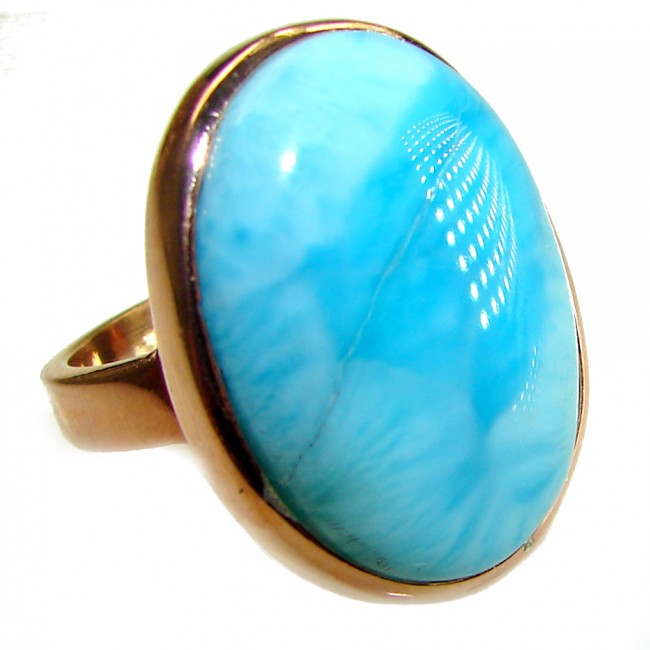 Blue Perfection AAAA QUALITY Blue Larimar 18K Gold over .925 Sterling Silver handmade Large ring size 8 adjustable - Close-up of blue Larimar stone in 18K gold setting.