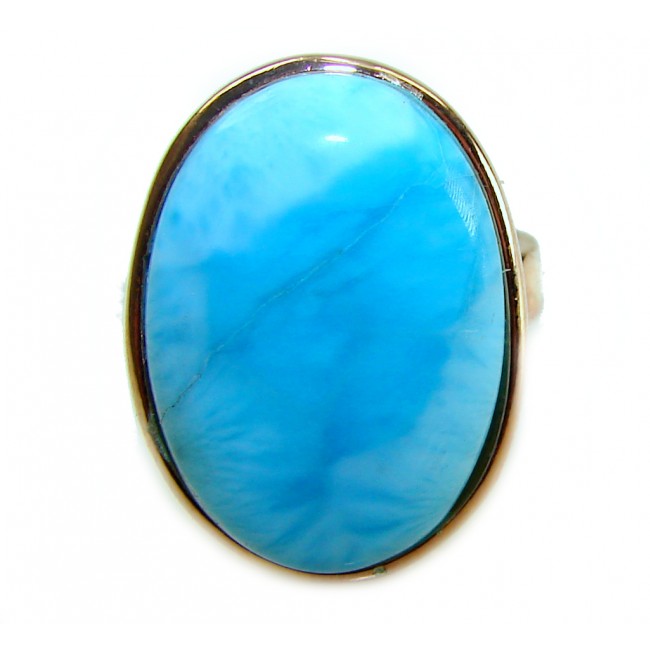 Blue Perfection AAAA QUALITY Blue Larimar 18K Gold over .925 Sterling Silver handmade Large ring size 8 adjustable - Close-up of Blue Larimar ring set in 18K gold