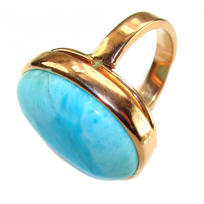 Blue Perfection AAAA QUALITY Blue Larimar 18K Gold over .925 Sterling Silver handmade Large ring size 8 adjustable - Larimar ring in gold setting, angled side view close-up.