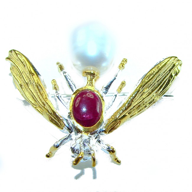 Ruby Bee genuine Enamel Pearl 14K Gold over .925 Sterling Silver handmade Pendant - Brooch