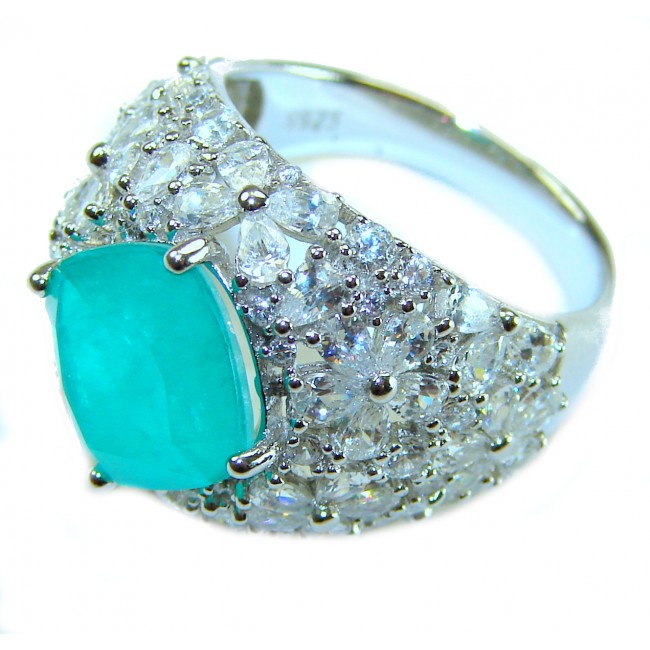 Pacific green - Vintage style - 9.5 carat Emerald .925 Sterling Silver handcrafted Statement Ring size 7 1/4 - Emerald ring close-up, vintage style with diamond accents, side view.