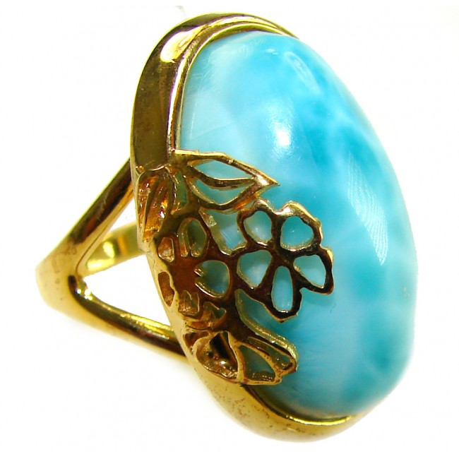 Blue Perfection best QUALITY Blue Larimar 18K rose Gold over .925 Sterling Silver handmade Large ring size 6 3/4 - Side view of blue Larimar ring in 18K rose gold with floral detail.
