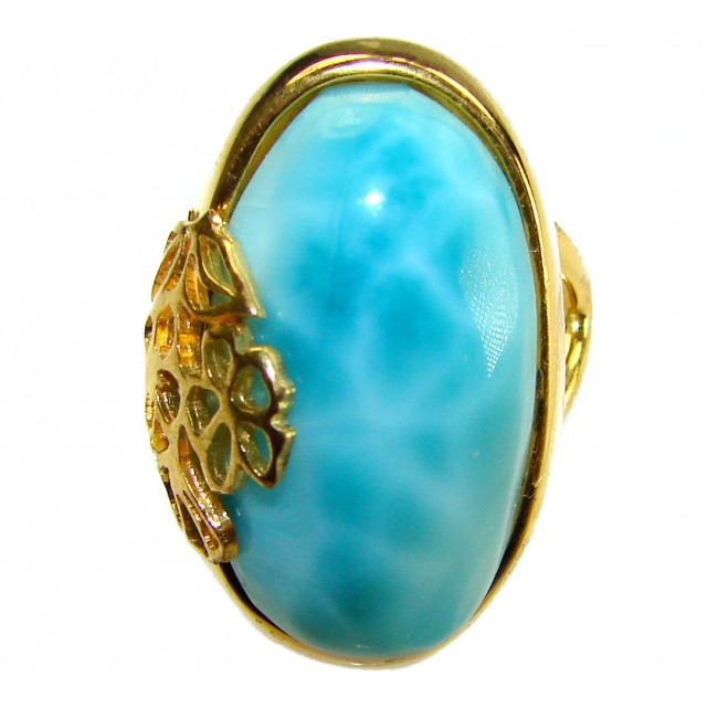 Blue Perfection best QUALITY Blue Larimar 18K rose Gold over .925 Sterling Silver handmade Large ring size 6 3/4 - Blue Larimar stone close-up with 18K rose gold floral detail.