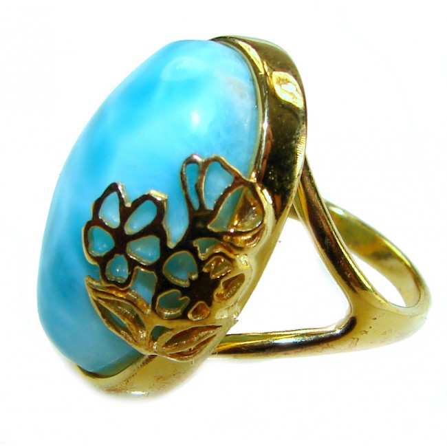 Blue Perfection best QUALITY Blue Larimar 18K rose Gold over .925 Sterling Silver handmade Large ring size 6 3/4 - Side view of blue Larimar ring with floral rose gold design.