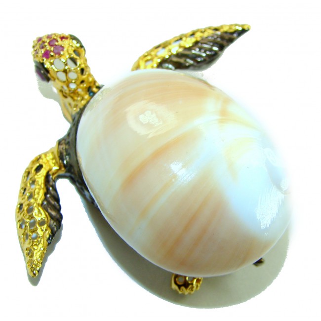 Good health and Long life Big Turtle Genuine Ocean Shell Ruby 14K Gold over .925 Sterling Silver handcrafted brooch