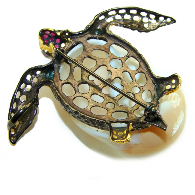Good health and Long life Big Turtle Genuine Ocean Shell Ruby 14K Gold over .925 Sterling Silver handcrafted brooch
