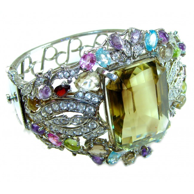 Ulimate Luxury - Large 72.5 carat Lemon Quartz .925 Sterling Silver handmade Statement Bracelet / Cuff - Side view of luxury bracelet with 72.5 carat lemon quartz and gemstones.