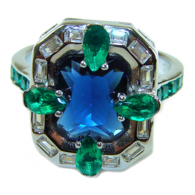 Art Deco 8.6 ctw Sapphire Emerald .925 Sterling Silver handcrafted Statement Ring size 8 - Close-up of Art Deco sapphire emerald ring in sterling silver.