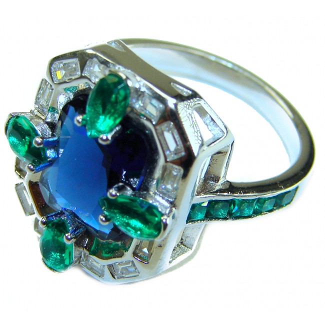 Art Deco 8.6 ctw Sapphire Emerald .925 Sterling Silver handcrafted Statement Ring size 8 - Close-up of Art Deco Sapphire Emerald Sterling Silver ring.