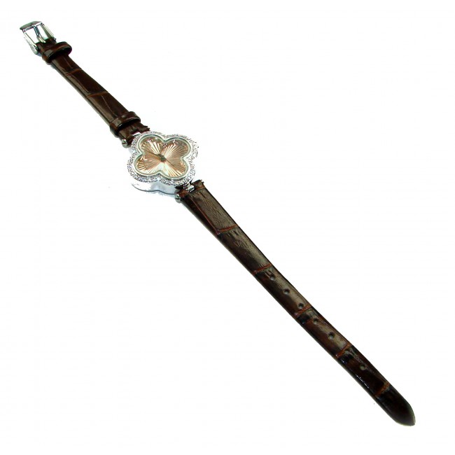 Precious Four Leaf Clover Genuine Leather strap .925 Sterling Silver handmade Watch