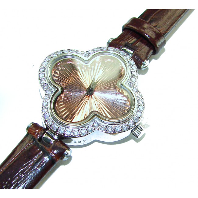 Precious Four Leaf Clover Genuine Leather strap .925 Sterling Silver handmade Watch
