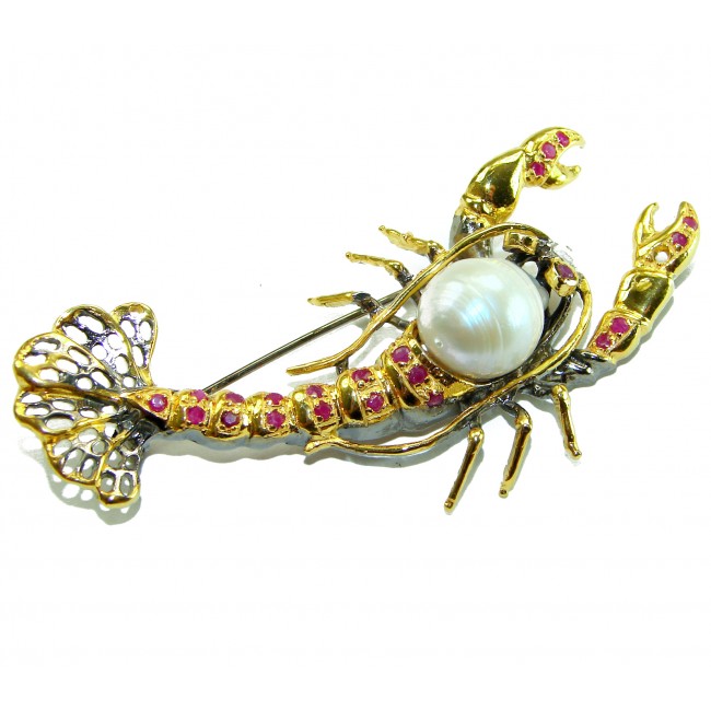 Precious Crayfish Natural Mother of Pearl Ruby 18K Gold over .925 Sterling Silver handmade Pendant Brooch