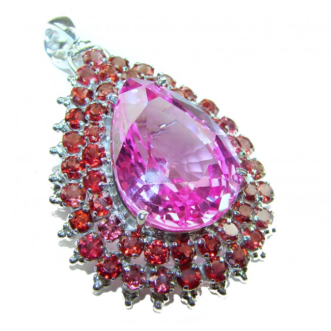 Royal Jewel - Blooming Garden - 42.5 CARAT Pink Sapphire .925 Sterling Silver handmade Pendant - Close-up of Royal Jewel pendant with pink sapphire and red stones