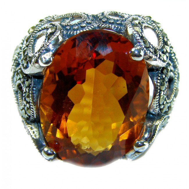 Celestial Energy Natural 22.4 carat GOLDEN Topaz Marcasite .925 Sterling Silver handmade Large Statement Ring size 8 - photo 4