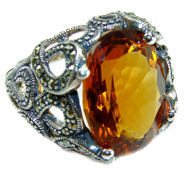 Celestial Energy Natural 22.4 carat GOLDEN Topaz Marcasite .925 Sterling Silver handmade Large Statement Ring size 8 - photo 3