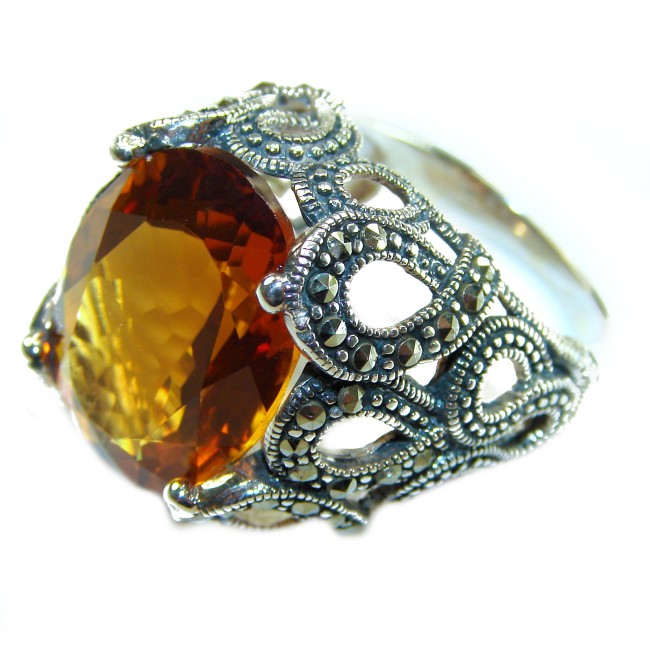Celestial Energy Natural 22.4 carat GOLDEN Topaz Marcasite .925 Sterling Silver handmade Large Statement Ring size 8 - photo 2