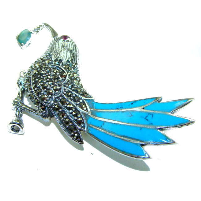 Blue Bird genuine INLAY Turquoise Marcasite .925 Sterling Silver handmade Brooch