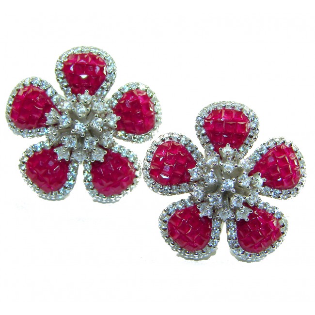 Real Beauty natural 18.2 carat Ruby Flowers .925 Sterling Silver handcrafted earrings
