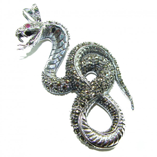 Large 2 5/8 inches long Cobra Snake genuine Marcasite .925 Sterling Silver handmade Pendant