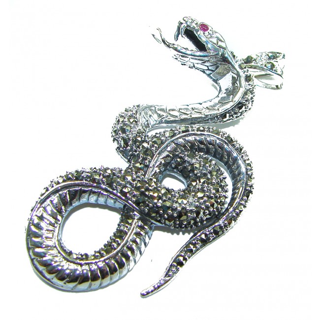 Large 2 5/8 inches long Cobra Snake genuine Marcasite .925 Sterling Silver handmade Pendant